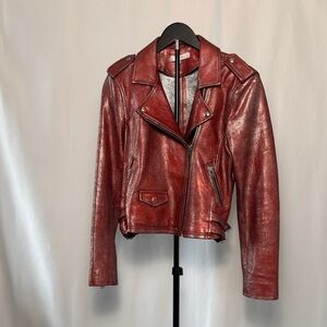 IRO Red Metallic Leather Moto Jacket Size 42